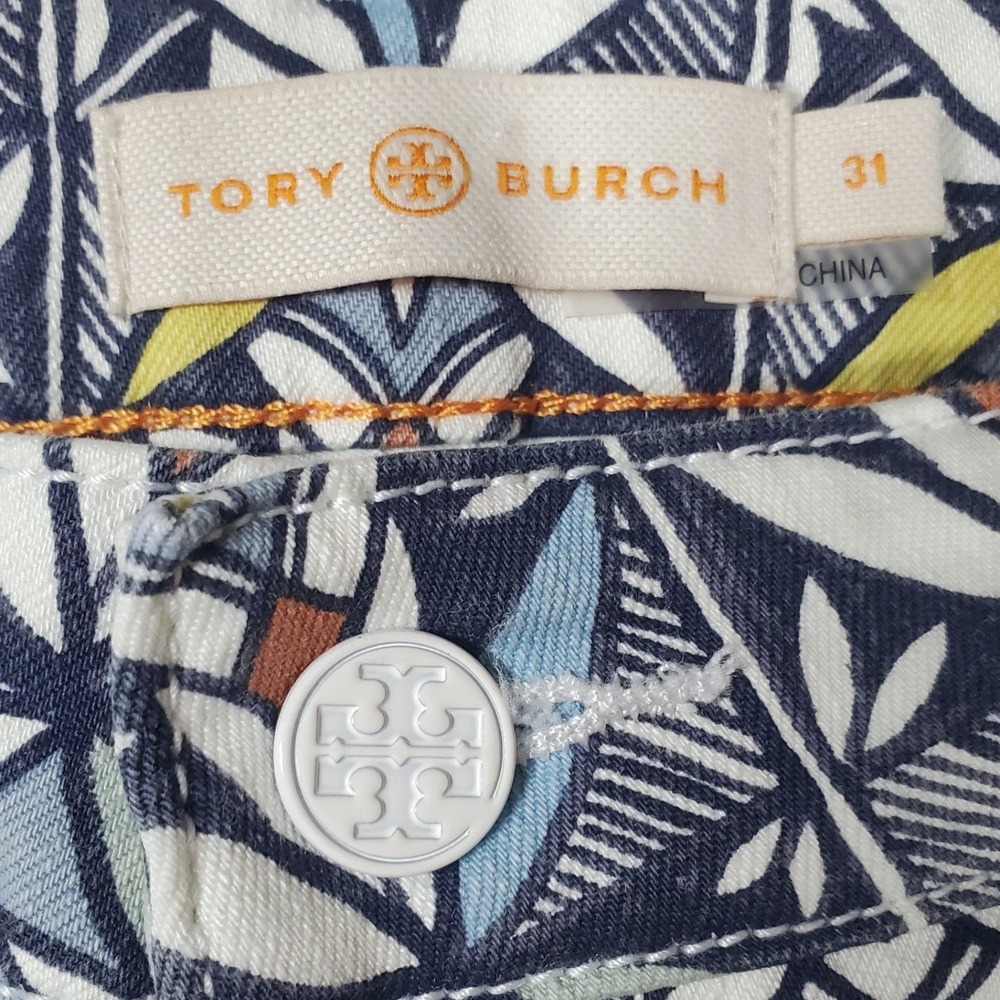 Tory Burch Geometric Floral Mosaic Straight Leg Pants Womens 31 Acoma Jeans Boho - Picture 5 of 14